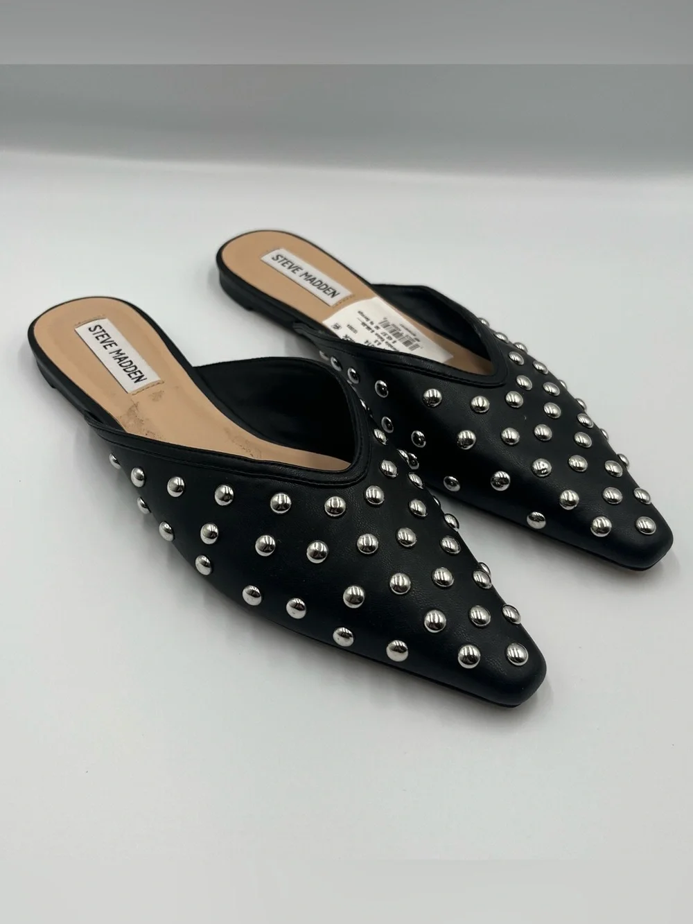 Steve Madden Marela Black Leather Studded Pointed Toe Mules Flats Sz 8.5